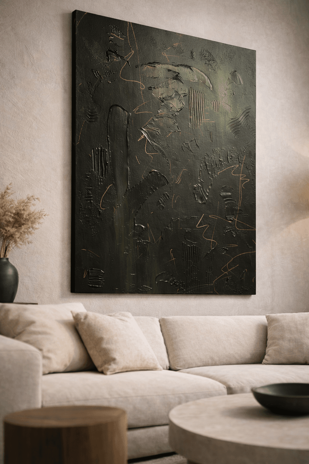 Verdure shown installed above a sofa with a floor lamp