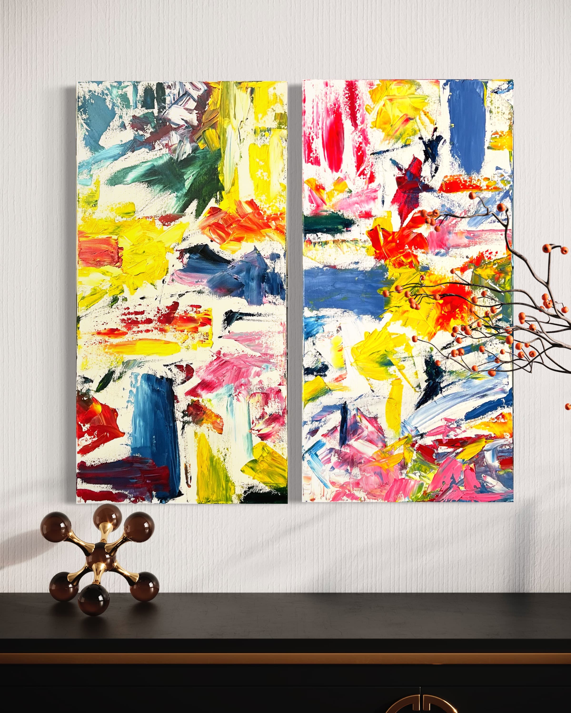 Wildflower Study, a two-panel vibrant red, yellow, blue, and green floral abstract diptych by Julia Mindar